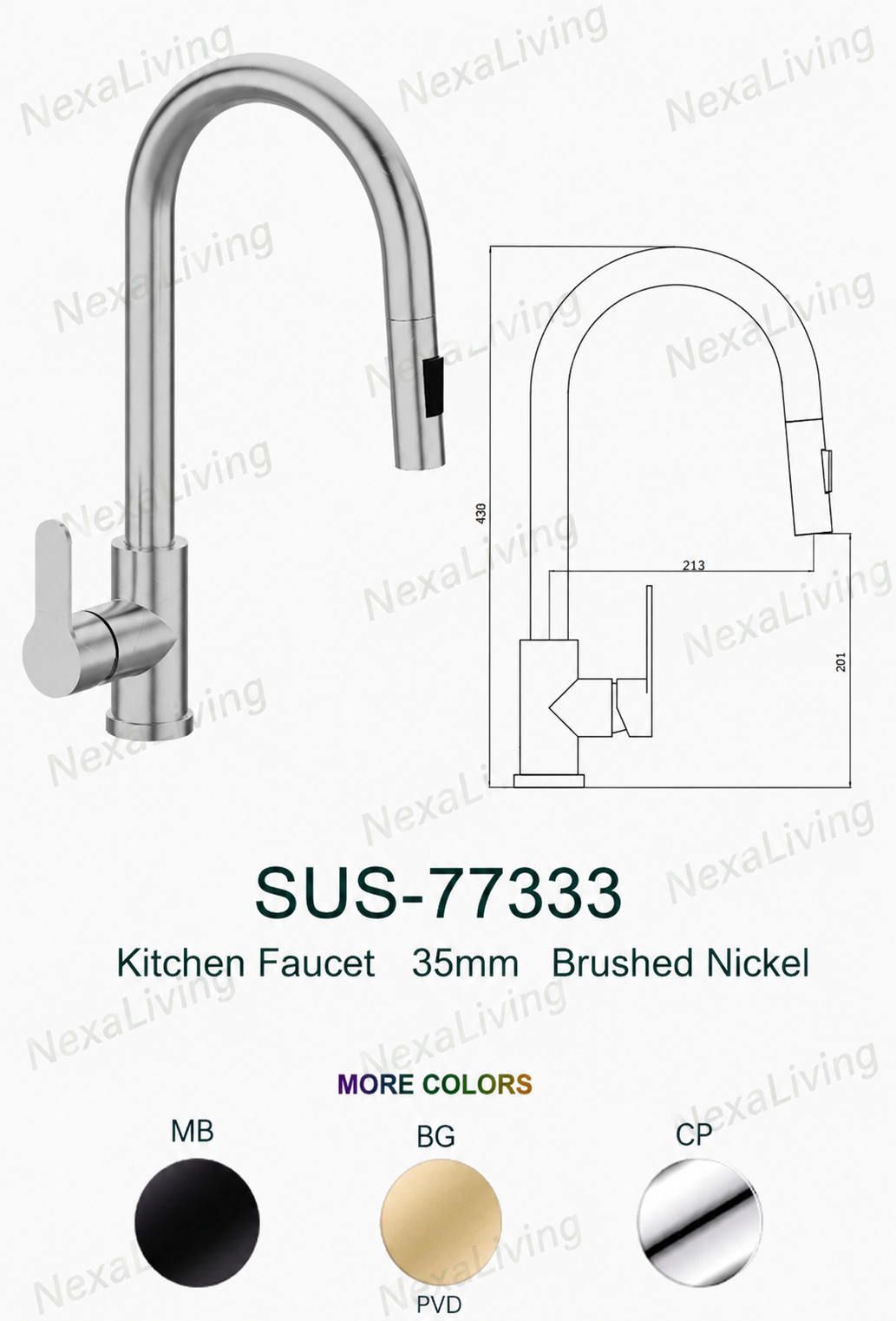 NexaLiving SUS-77333 Pull-Out Kitchen Faucet – Brushed Nickel, Single Handle, Stainless Steel